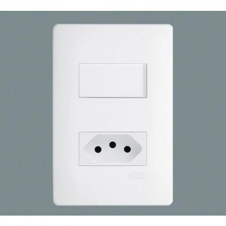 INTERRUPTOR SIMPLES E TOMADA 2P+T COM PLACA E SUPORTE DISTANCIADAS SERIE HABITAT FAME